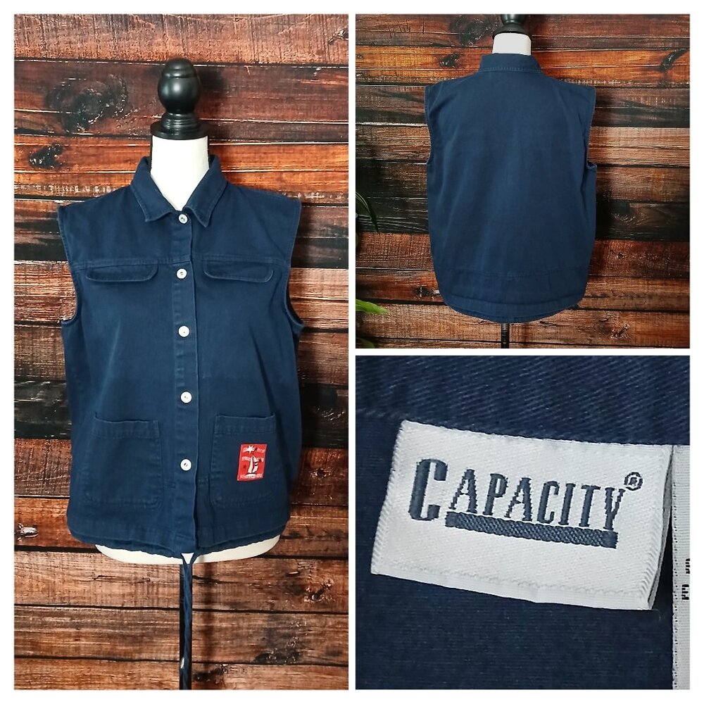 Capacity Vest Top L Vintage Navy Blue Button Front Cotton Sailboat Nautical
